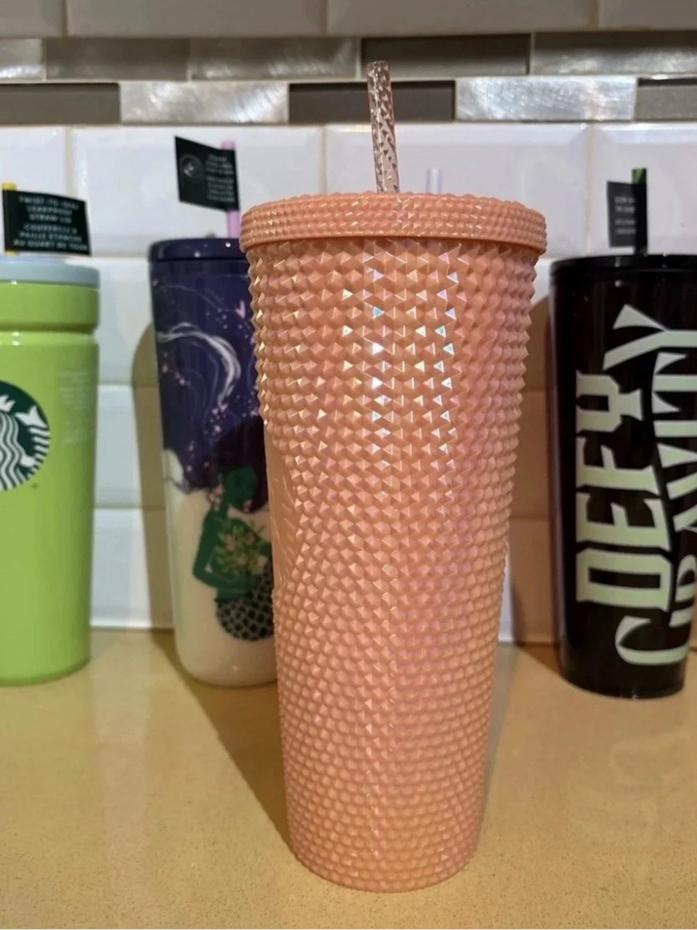 Starbucks 24oz Studded Tumbler Peach Pink Iridescent Venti Cold Cup Straw 2024